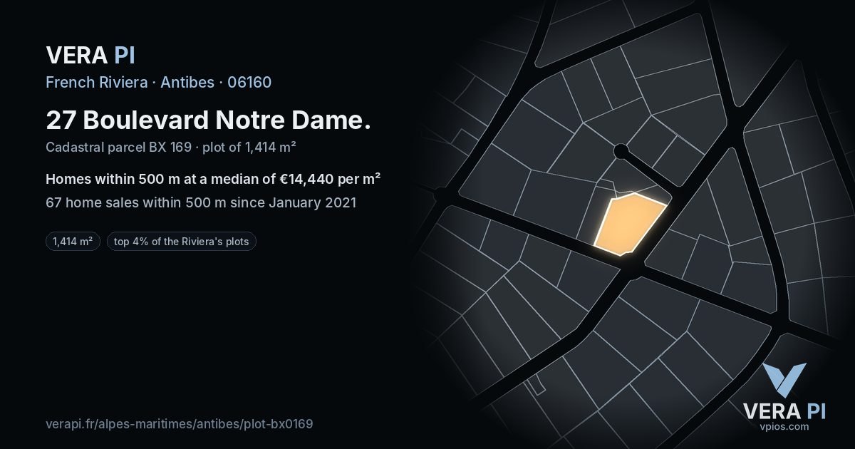27 Boulevard Notre Dame, Antibes at night – the plot lit, the parcels around coloured by the prices near them