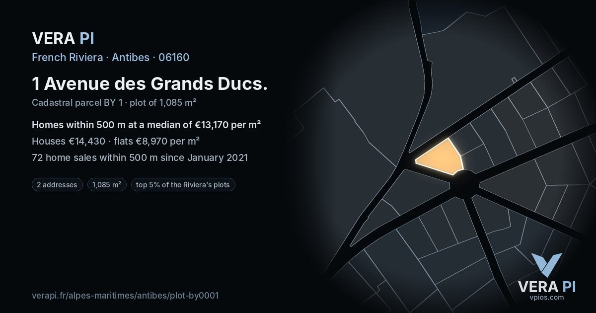 1 Avenue des Grands Ducs, Antibes at night – the plot lit, the parcels around coloured by the prices near them
