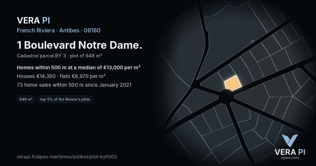 1 Boulevard Notre Dame, Antibes at night – the plot lit, the parcels around coloured by the prices near them