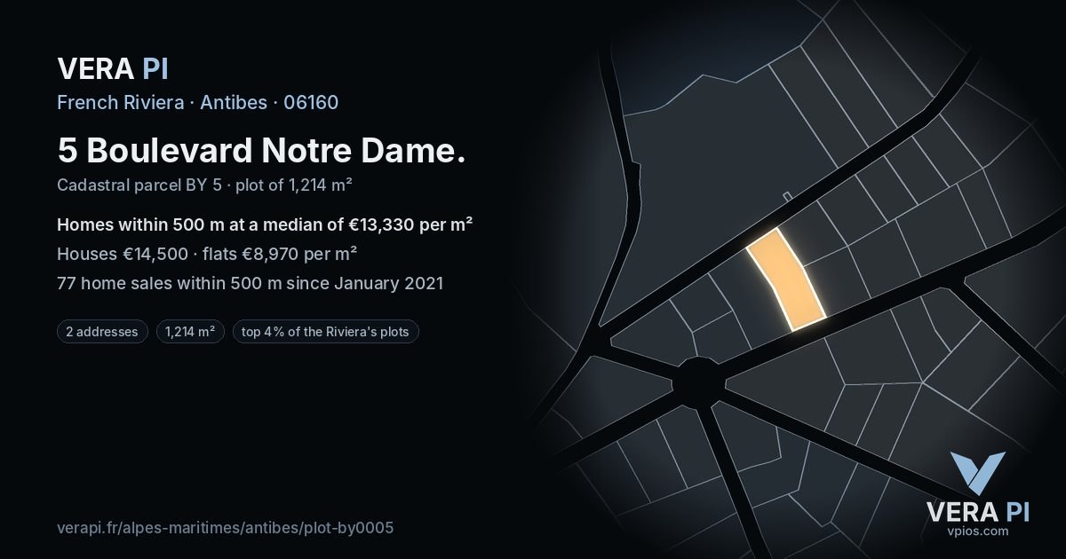 5 Boulevard Notre Dame, Antibes at night – the plot lit, the parcels around coloured by the prices near them