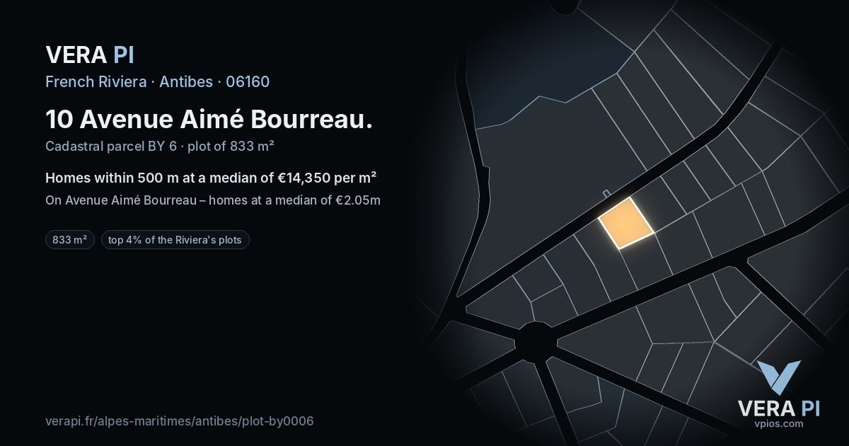 10 Avenue Aimé Bourreau, Antibes at night – the plot lit, the parcels around coloured by the prices near them