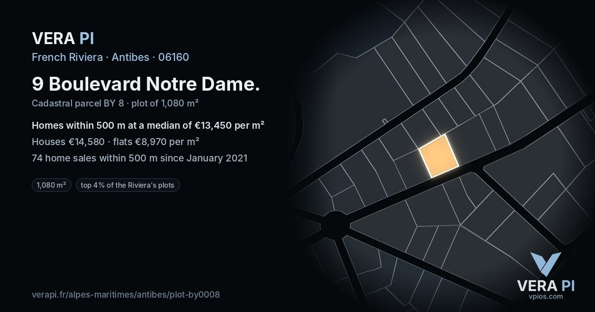 9 Boulevard Notre Dame, Antibes at night – the plot lit, the parcels around coloured by the prices near them