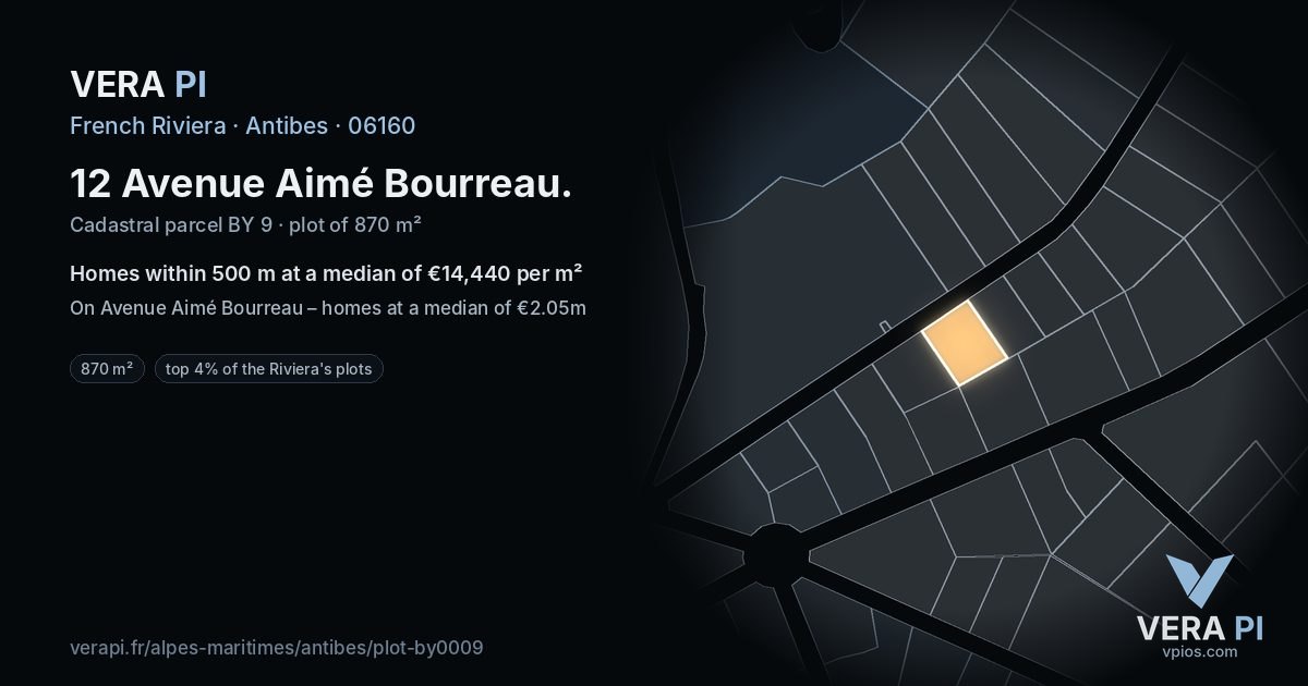 12 Avenue Aimé Bourreau, Antibes at night – the plot lit, the parcels around coloured by the prices near them