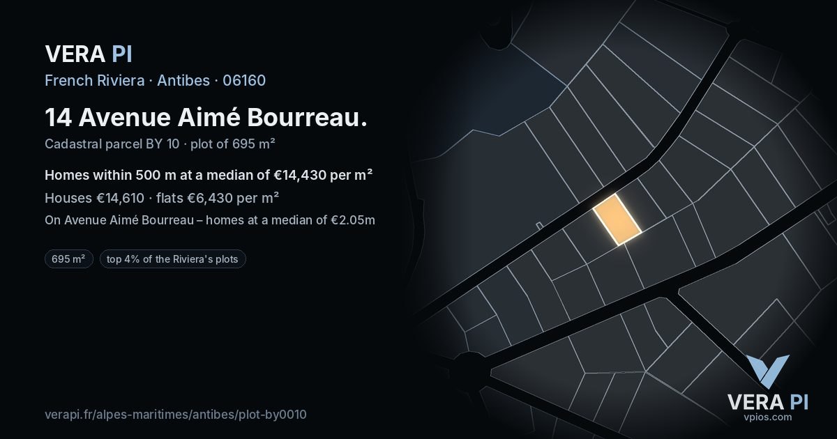 14 Avenue Aimé Bourreau, Antibes at night – the plot lit, the parcels around coloured by the prices near them