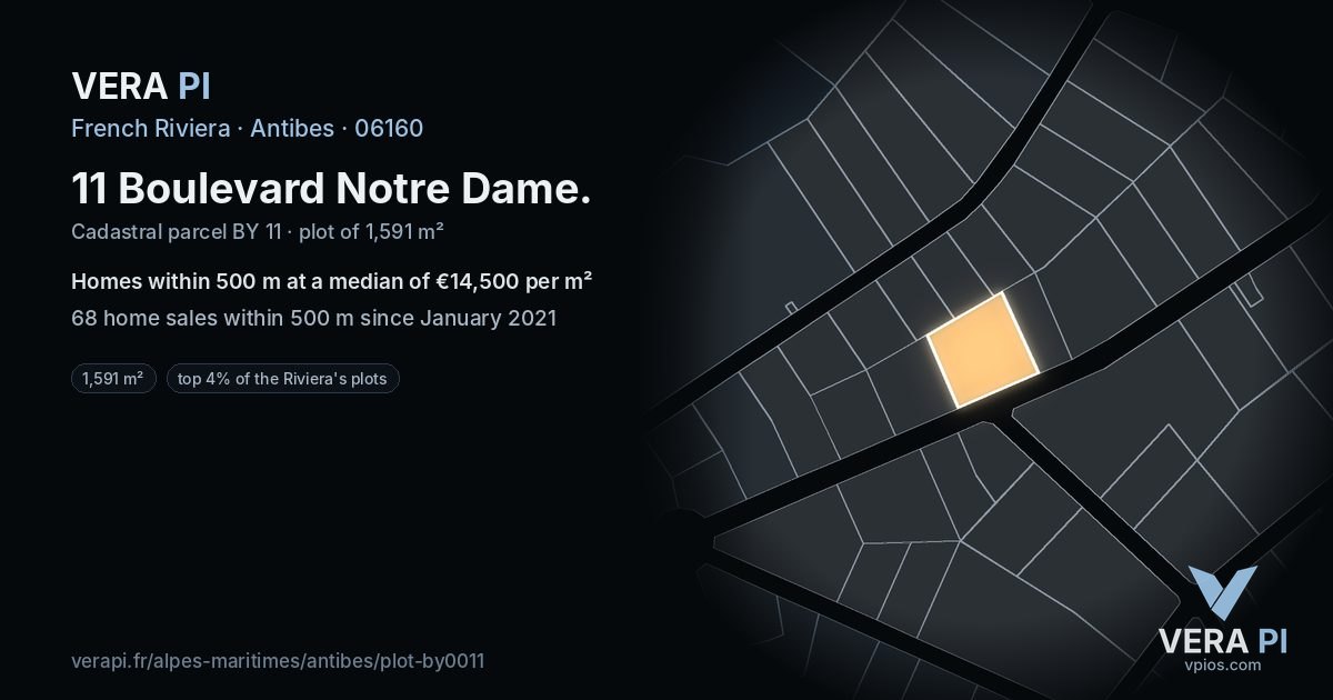 11 Boulevard Notre Dame, Antibes at night – the plot lit, the parcels around coloured by the prices near them
