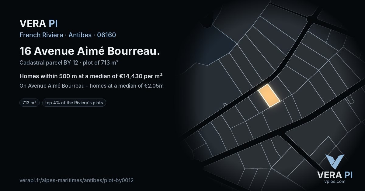 16 Avenue Aimé Bourreau, Antibes at night – the plot lit, the parcels around coloured by the prices near them