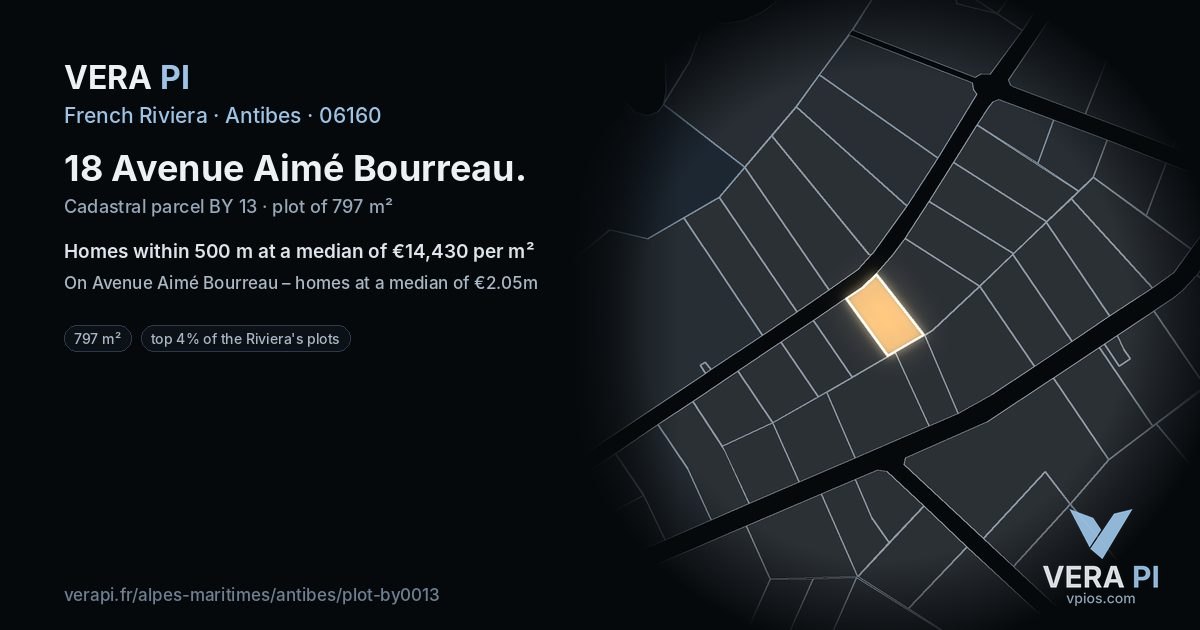 18 Avenue Aimé Bourreau, Antibes at night – the plot lit, the parcels around coloured by the prices near them
