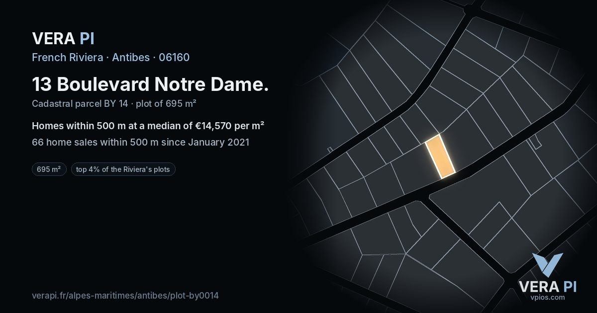 13 Boulevard Notre Dame, Antibes at night – the plot lit, the parcels around coloured by the prices near them