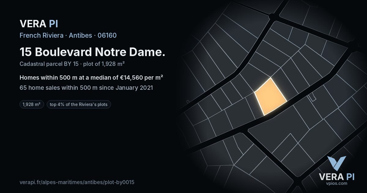 15 Boulevard Notre Dame, Antibes at night – the plot lit, the parcels around coloured by the prices near them