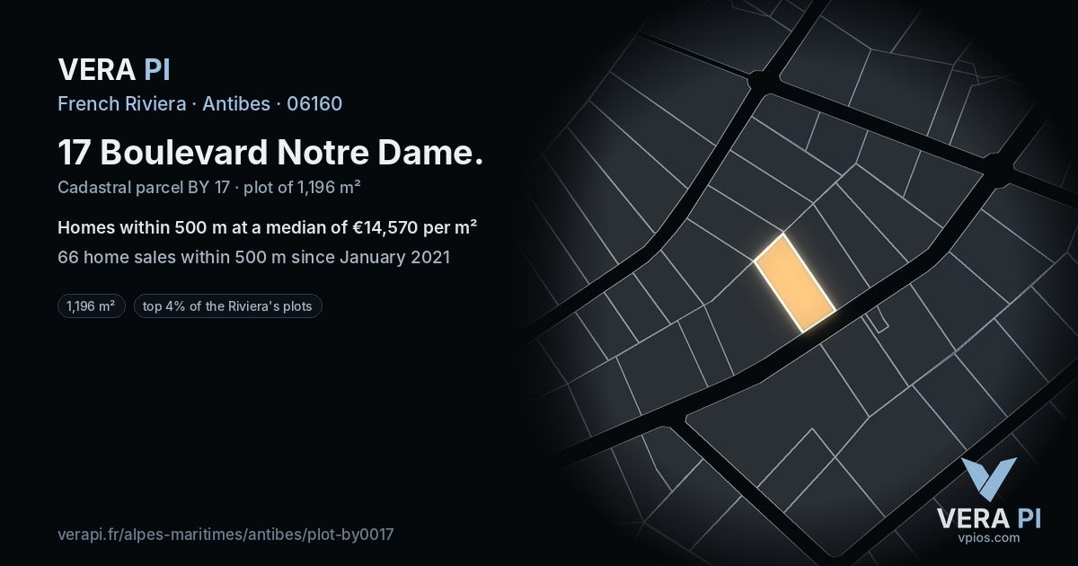 17 Boulevard Notre Dame, Antibes at night – the plot lit, the parcels around coloured by the prices near them