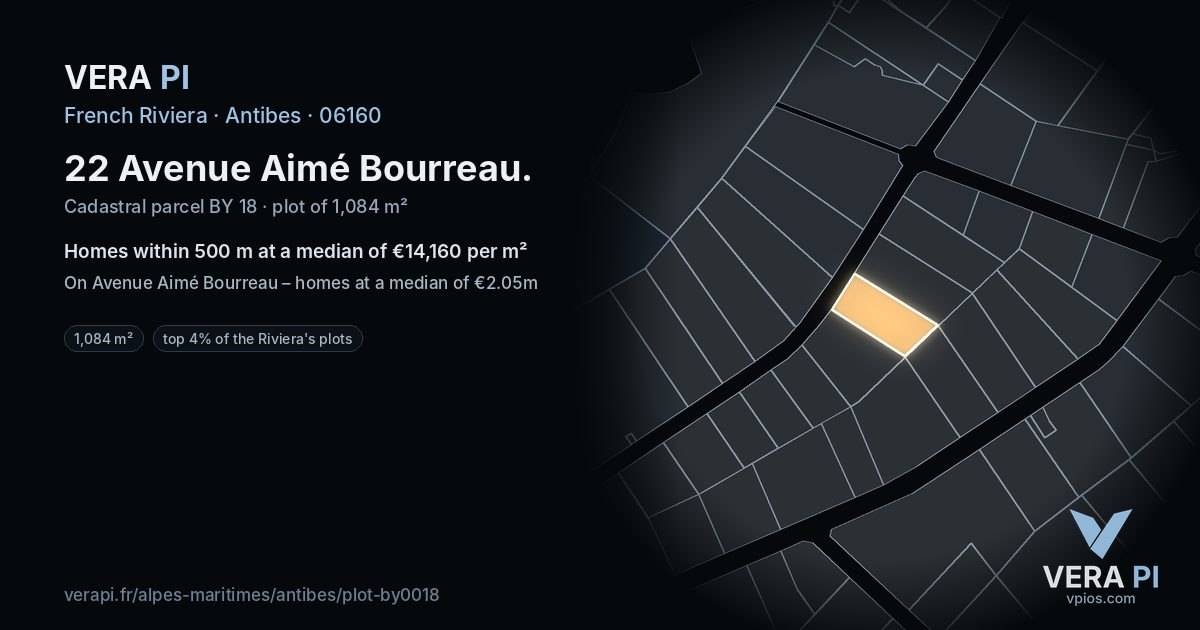 22 Avenue Aimé Bourreau, Antibes at night – the plot lit, the parcels around coloured by the prices near them