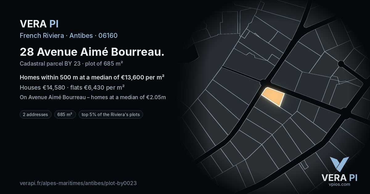 28 Avenue Aimé Bourreau, Antibes at night – the plot lit, the parcels around coloured by the prices near them