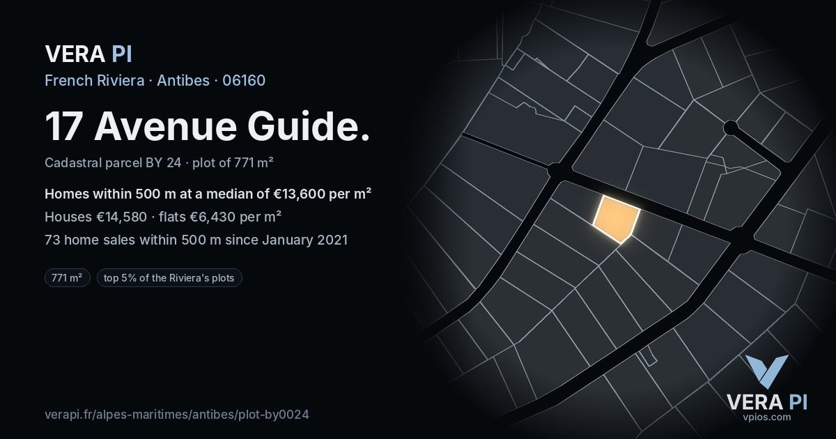 17 Avenue Guide, Antibes at night – the plot lit, the parcels around coloured by the prices near them