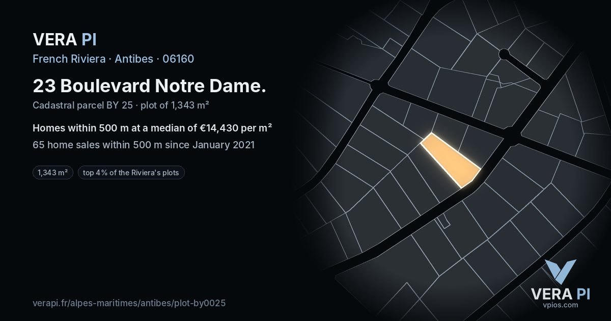 23 Boulevard Notre Dame, Antibes at night – the plot lit, the parcels around coloured by the prices near them