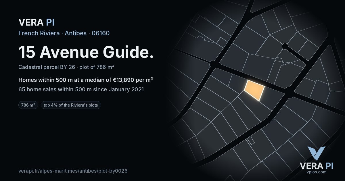 15 Avenue Guide, Antibes at night – the plot lit, the parcels around coloured by the prices near them