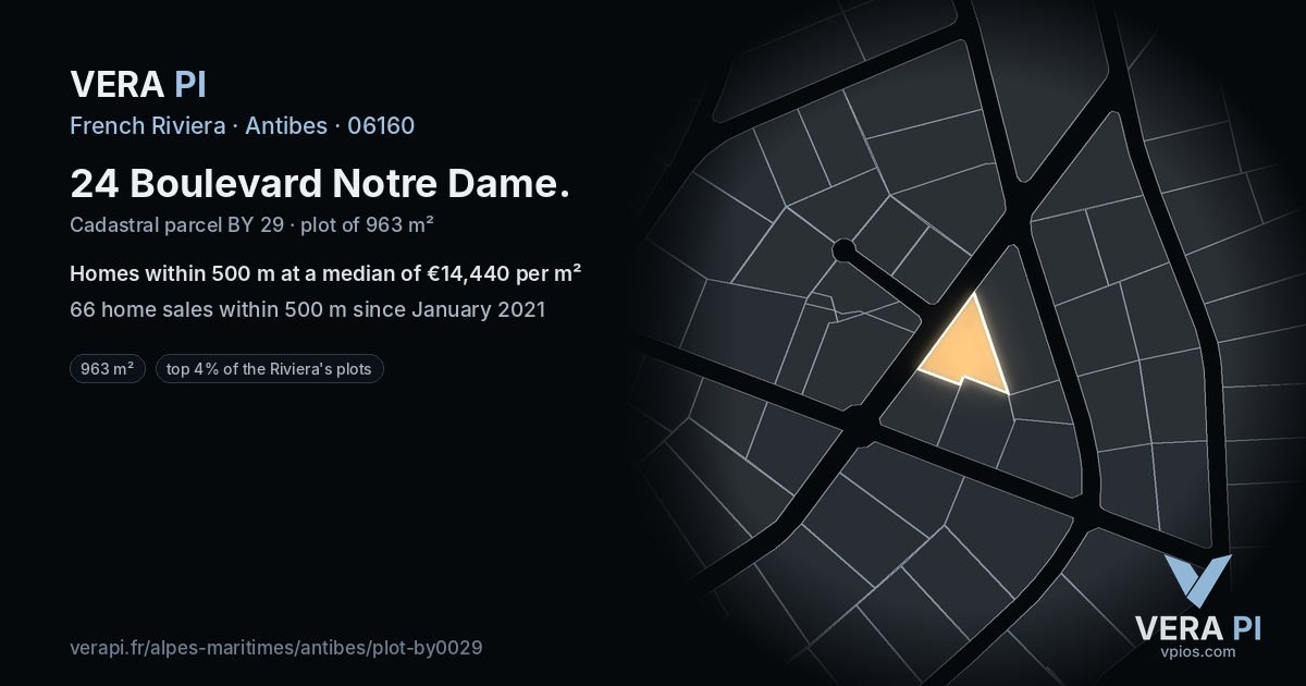 24 Boulevard Notre Dame, Antibes at night – the plot lit, the parcels around coloured by the prices near them