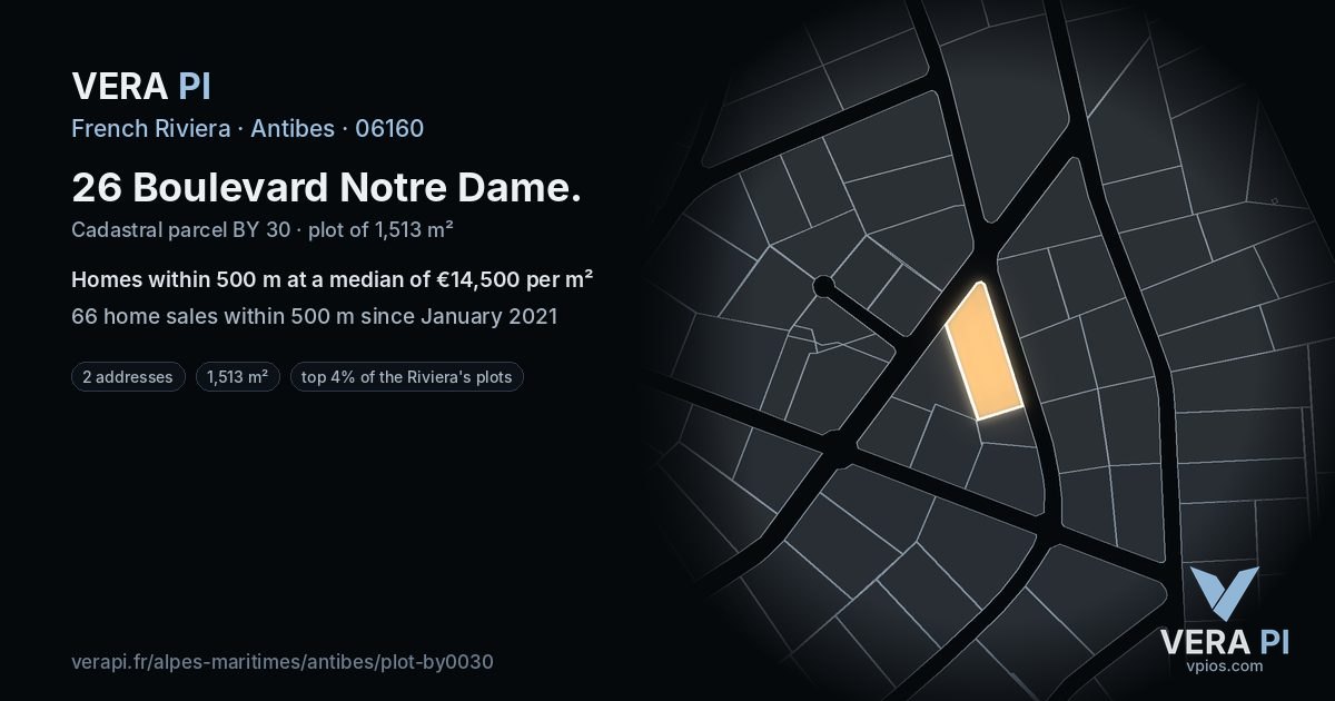 26 Boulevard Notre Dame, Antibes at night – the plot lit, the parcels around coloured by the prices near them
