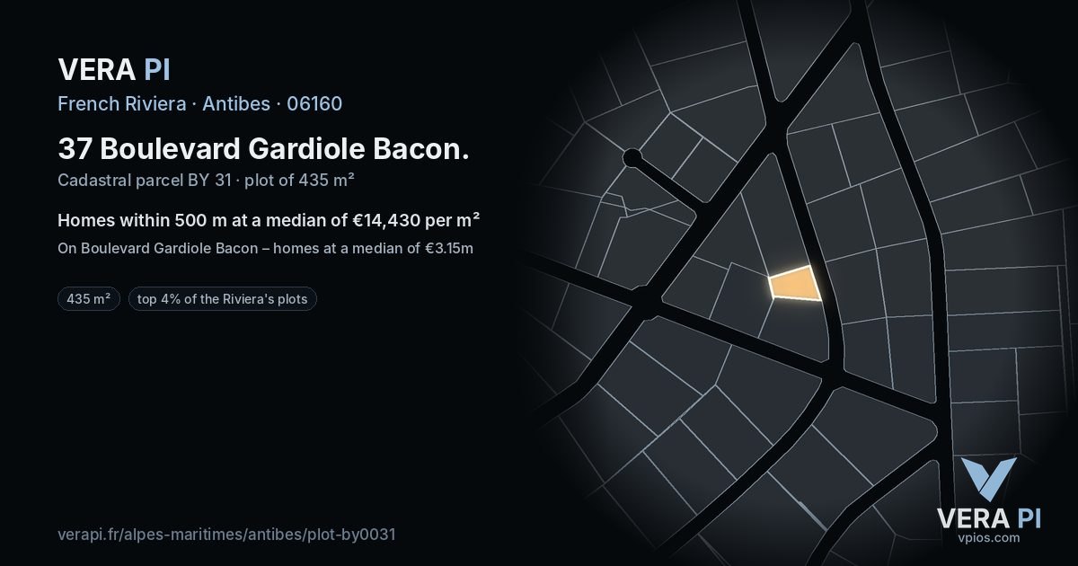 37 Boulevard Gardiole Bacon, Antibes at night – the plot lit, the parcels around coloured by the prices near them