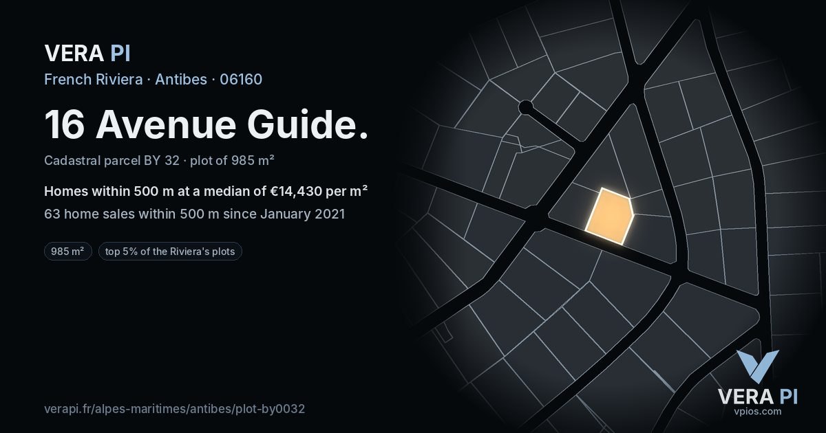 16 Avenue Guide, Antibes at night – the plot lit, the parcels around coloured by the prices near them