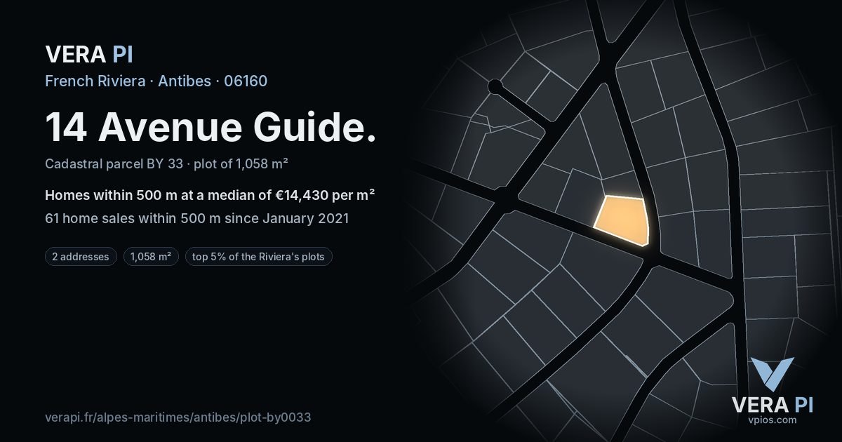 14 Avenue Guide, Antibes at night – the plot lit, the parcels around coloured by the prices near them
