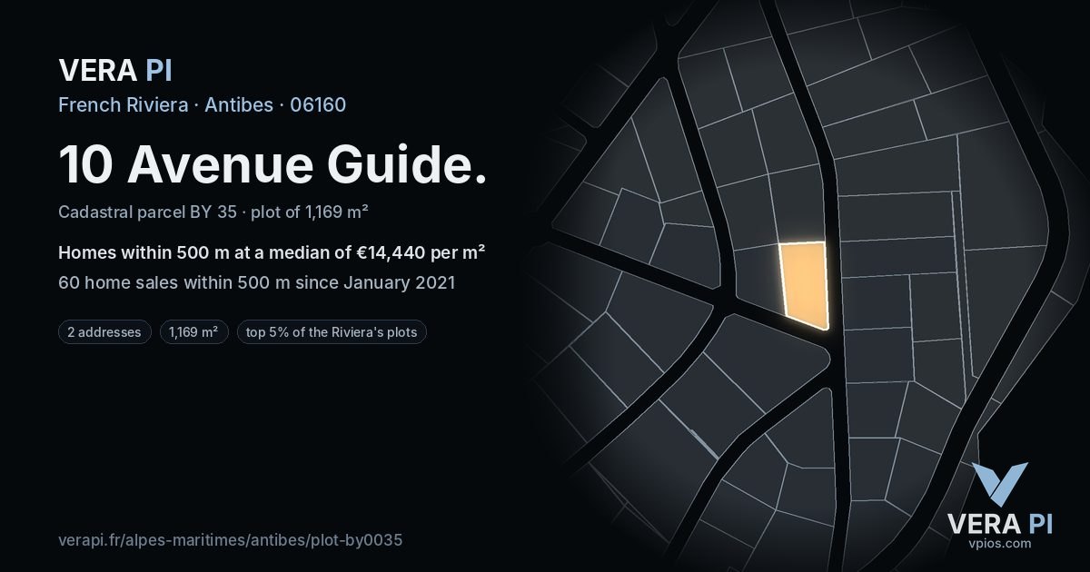 10 Avenue Guide, Antibes at night – the plot lit, the parcels around coloured by the prices near them