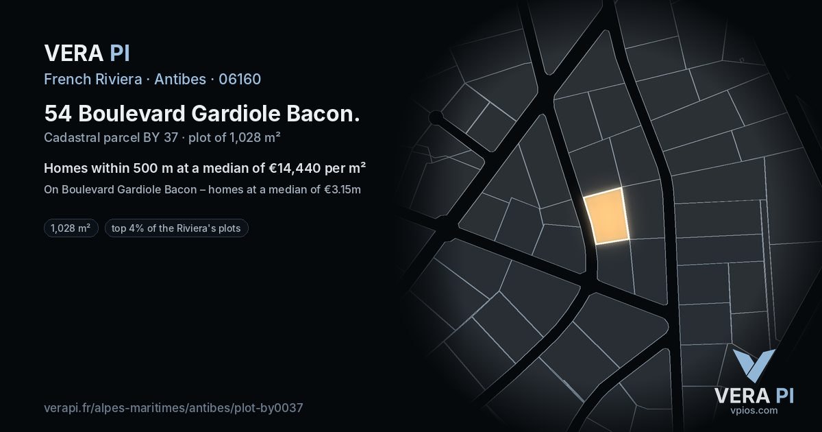54 Boulevard Gardiole Bacon, Antibes at night – the plot lit, the parcels around coloured by the prices near them