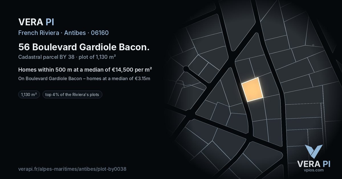 56 Boulevard Gardiole Bacon, Antibes at night – the plot lit, the parcels around coloured by the prices near them