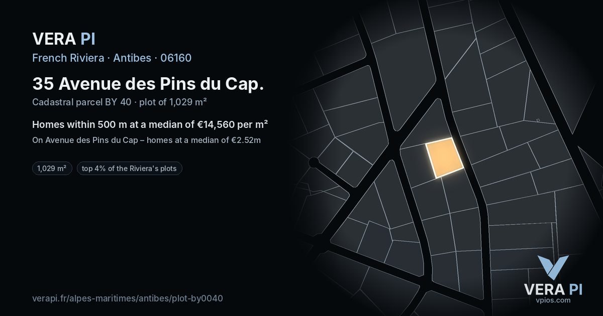 35 Avenue des Pins du Cap, Antibes at night – the plot lit, the parcels around coloured by the prices near them