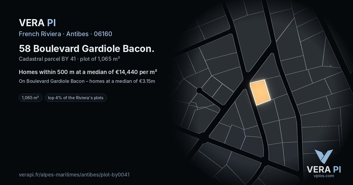 58 Boulevard Gardiole Bacon, Antibes at night – the plot lit, the parcels around coloured by the prices near them