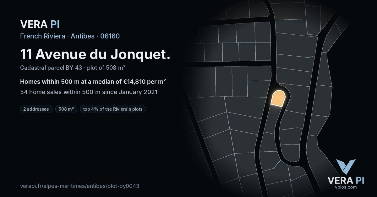 11 Avenue du Jonquet, Antibes at night – the plot lit, the parcels around coloured by the prices near them