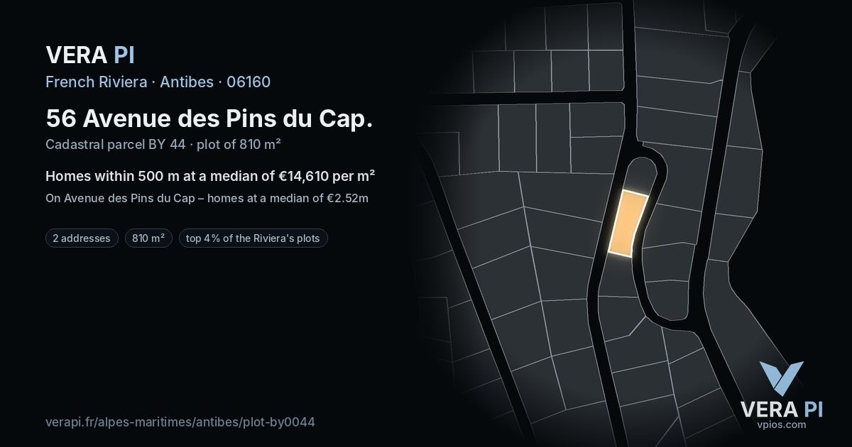 56 Avenue des Pins du Cap, Antibes at night – the plot lit, the parcels around coloured by the prices near them