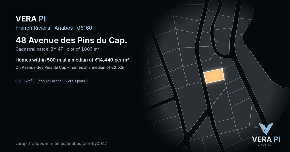48 Avenue des Pins du Cap, Antibes at night – the plot lit, the parcels around coloured by the prices near them
