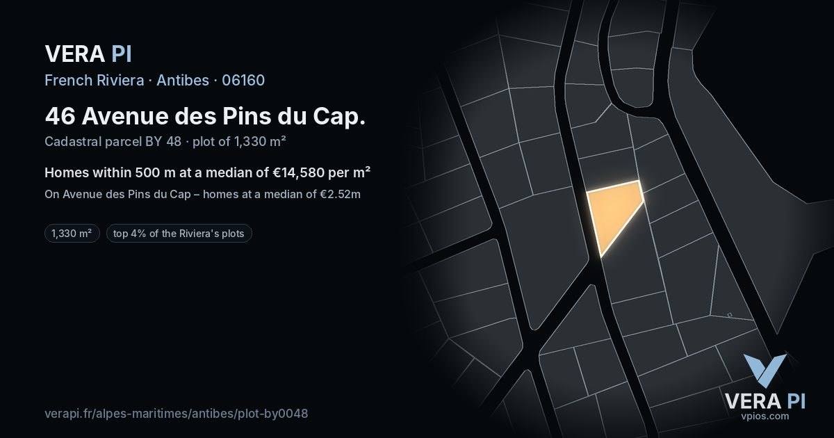 46 Avenue des Pins du Cap, Antibes at night – the plot lit, the parcels around coloured by the prices near them
