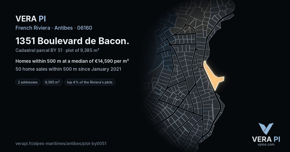 1351 Boulevard de Bacon, Antibes at night – the plot lit, the parcels around coloured by the prices near them