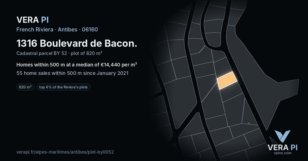 1316 Boulevard de Bacon, Antibes at night – the plot lit, the parcels around coloured by the prices near them