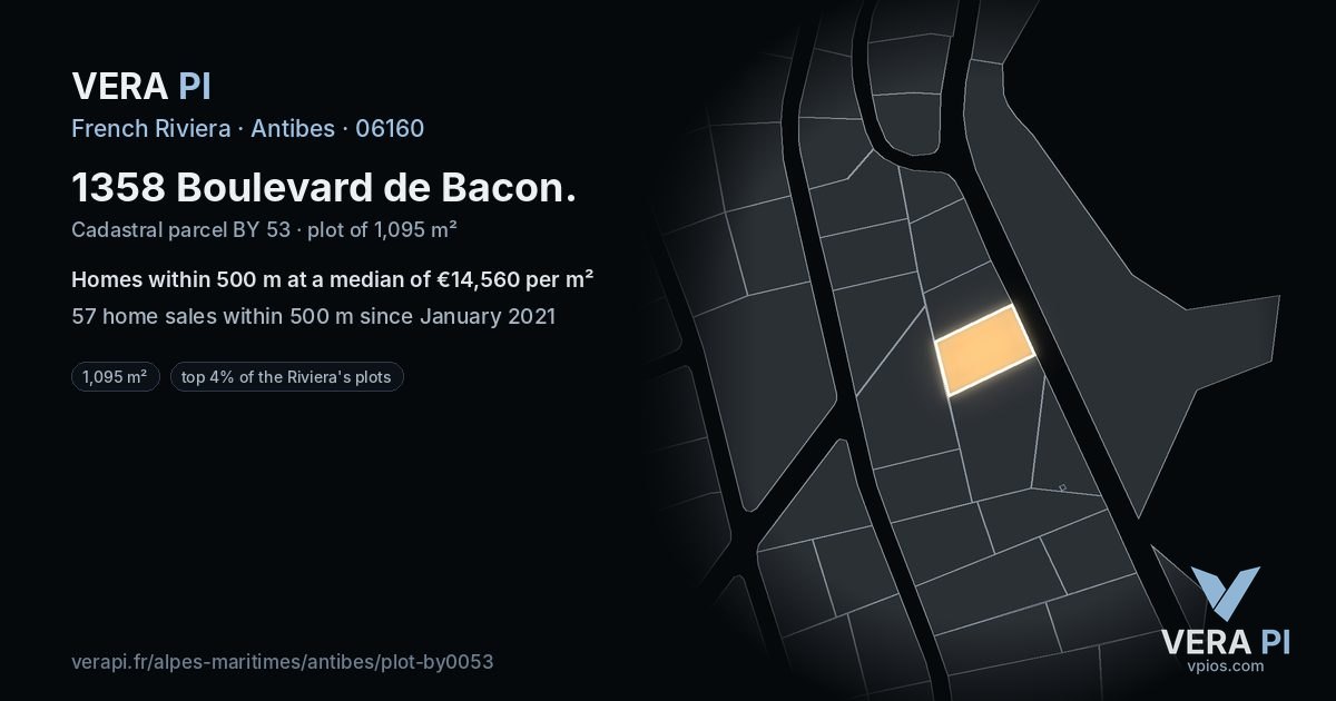 1358 Boulevard de Bacon, Antibes at night – the plot lit, the parcels around coloured by the prices near them