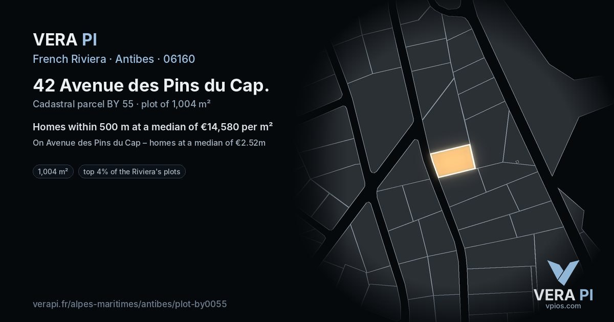 42 Avenue des Pins du Cap, Antibes at night – the plot lit, the parcels around coloured by the prices near them