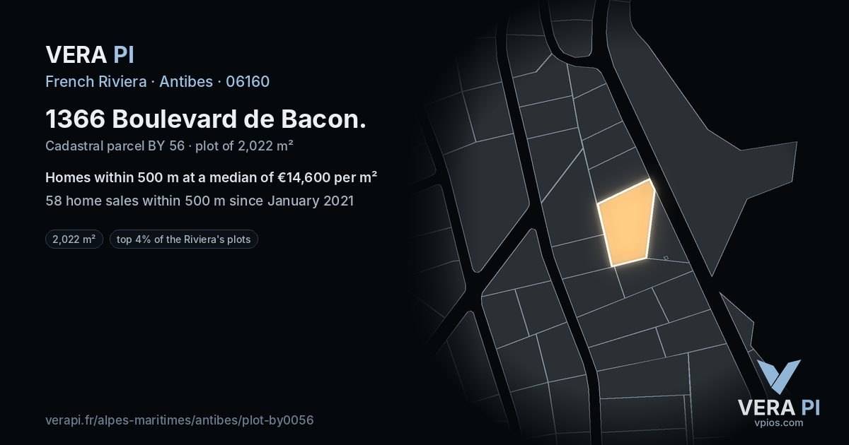 1366 Boulevard de Bacon, Antibes at night – the plot lit, the parcels around coloured by the prices near them