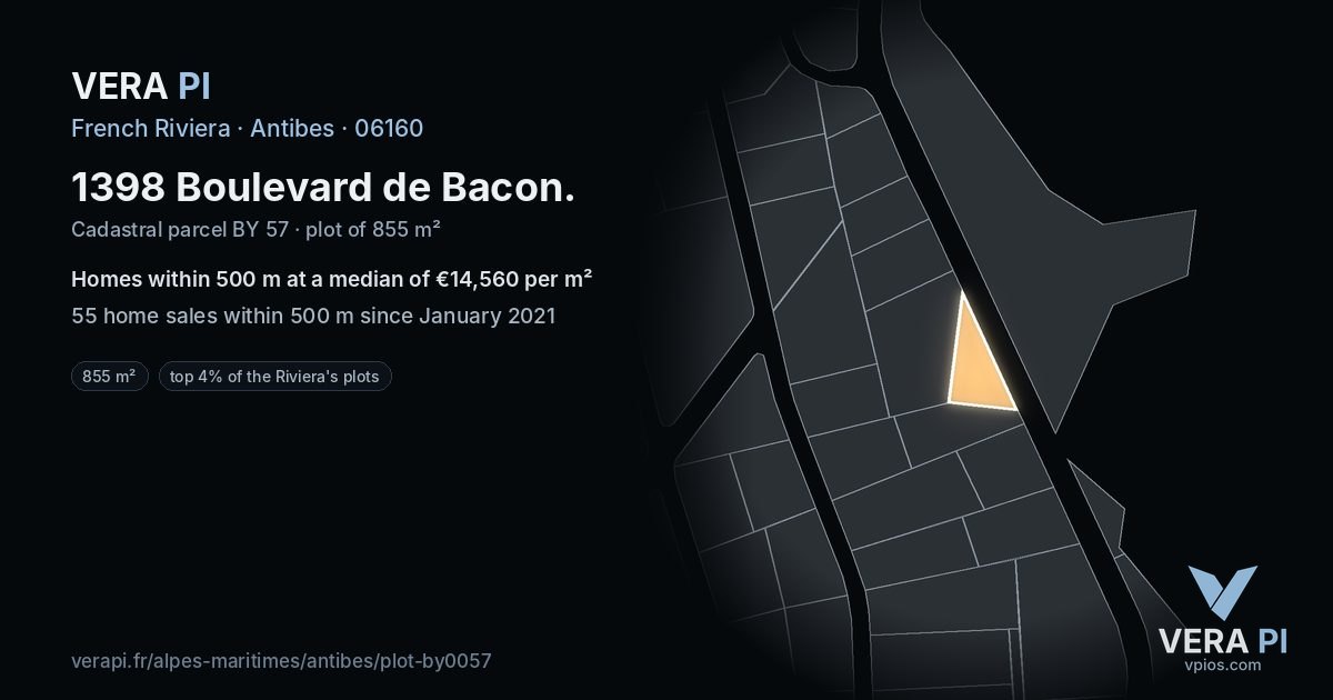 1398 Boulevard de Bacon, Antibes at night – the plot lit, the parcels around coloured by the prices near them