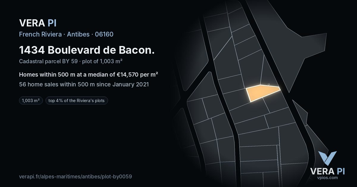 1434 Boulevard de Bacon, Antibes at night – the plot lit, the parcels around coloured by the prices near them