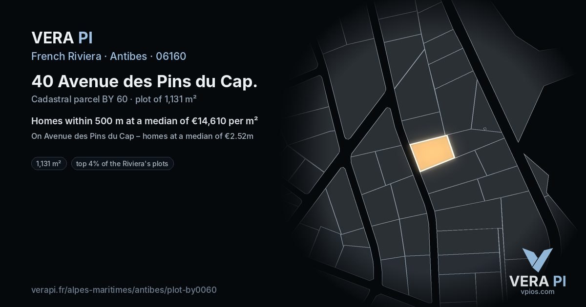 40 Avenue des Pins du Cap, Antibes at night – the plot lit, the parcels around coloured by the prices near them