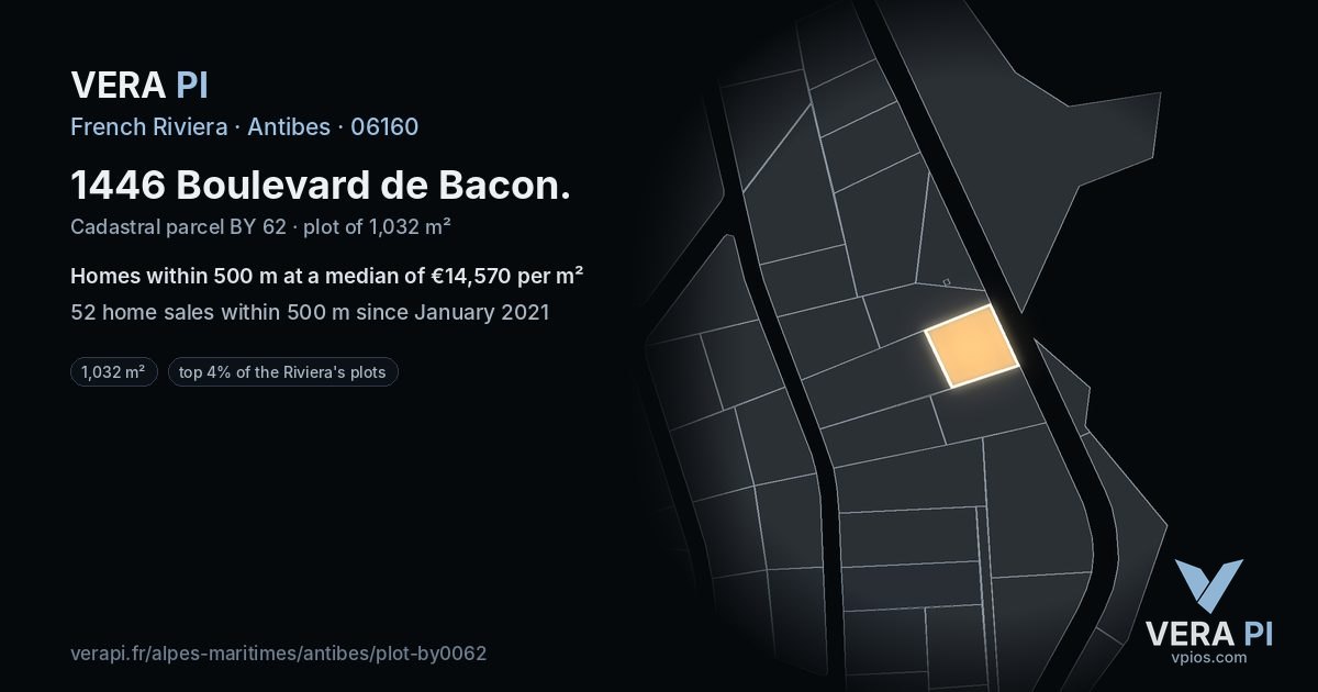 1446 Boulevard de Bacon, Antibes at night – the plot lit, the parcels around coloured by the prices near them