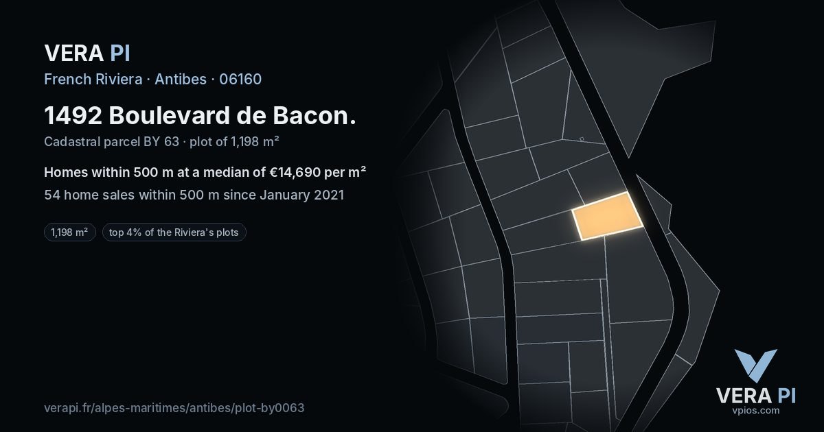 1492 Boulevard de Bacon, Antibes at night – the plot lit, the parcels around coloured by the prices near them