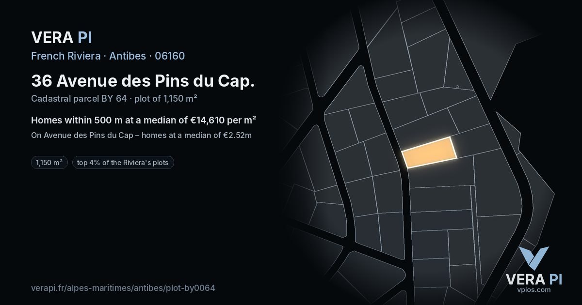36 Avenue des Pins du Cap, Antibes at night – the plot lit, the parcels around coloured by the prices near them