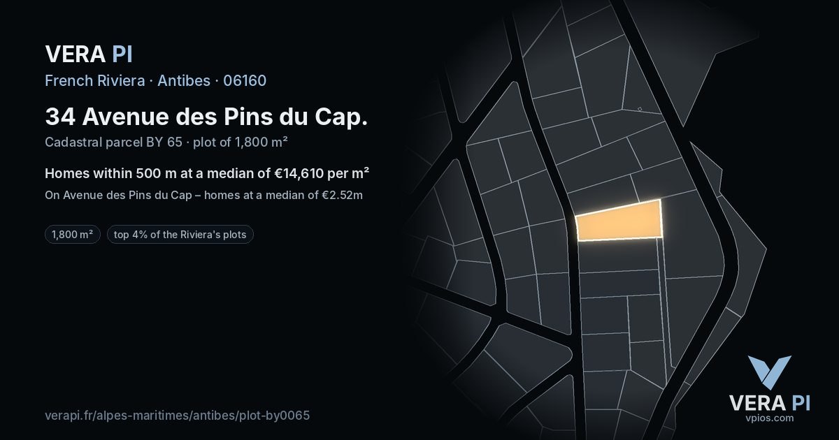 34 Avenue des Pins du Cap, Antibes at night – the plot lit, the parcels around coloured by the prices near them