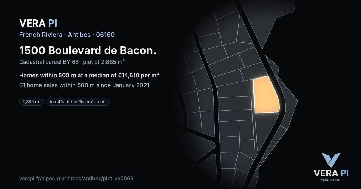 1500 Boulevard de Bacon, Antibes at night – the plot lit, the parcels around coloured by the prices near them