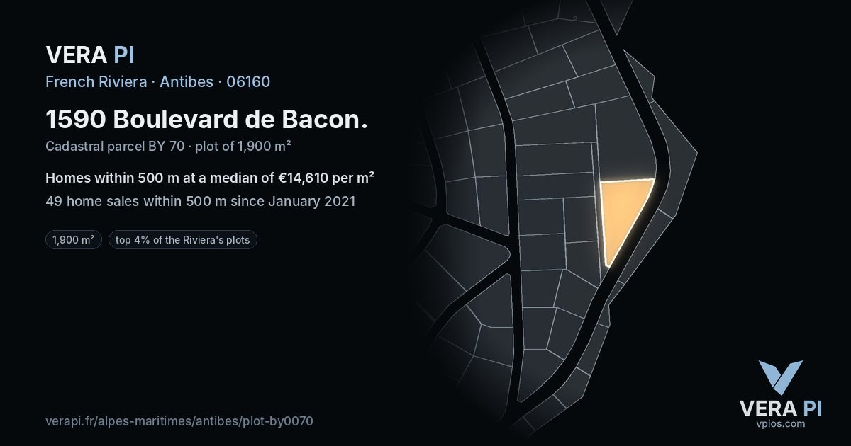 1590 Boulevard de Bacon, Antibes at night – the plot lit, the parcels around coloured by the prices near them