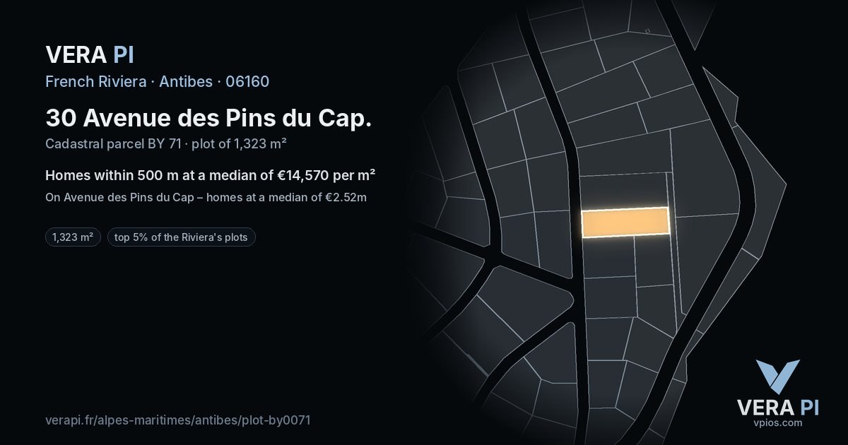 30 Avenue des Pins du Cap, Antibes at night – the plot lit, the parcels around coloured by the prices near them