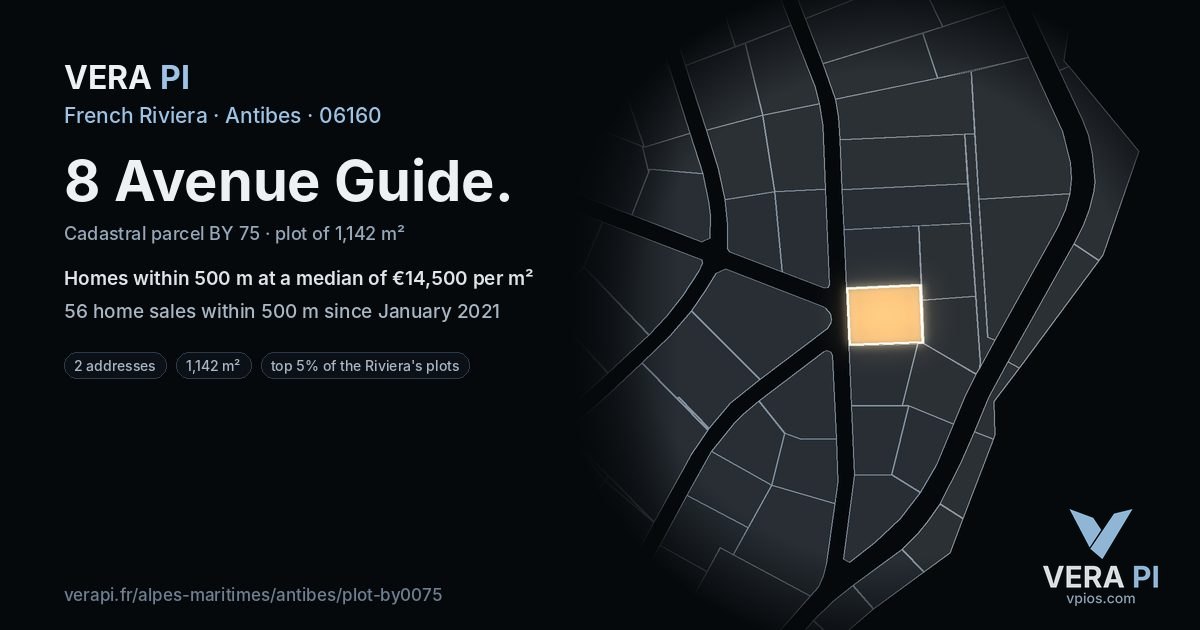 8 Avenue Guide, Antibes at night – the plot lit, the parcels around coloured by the prices near them