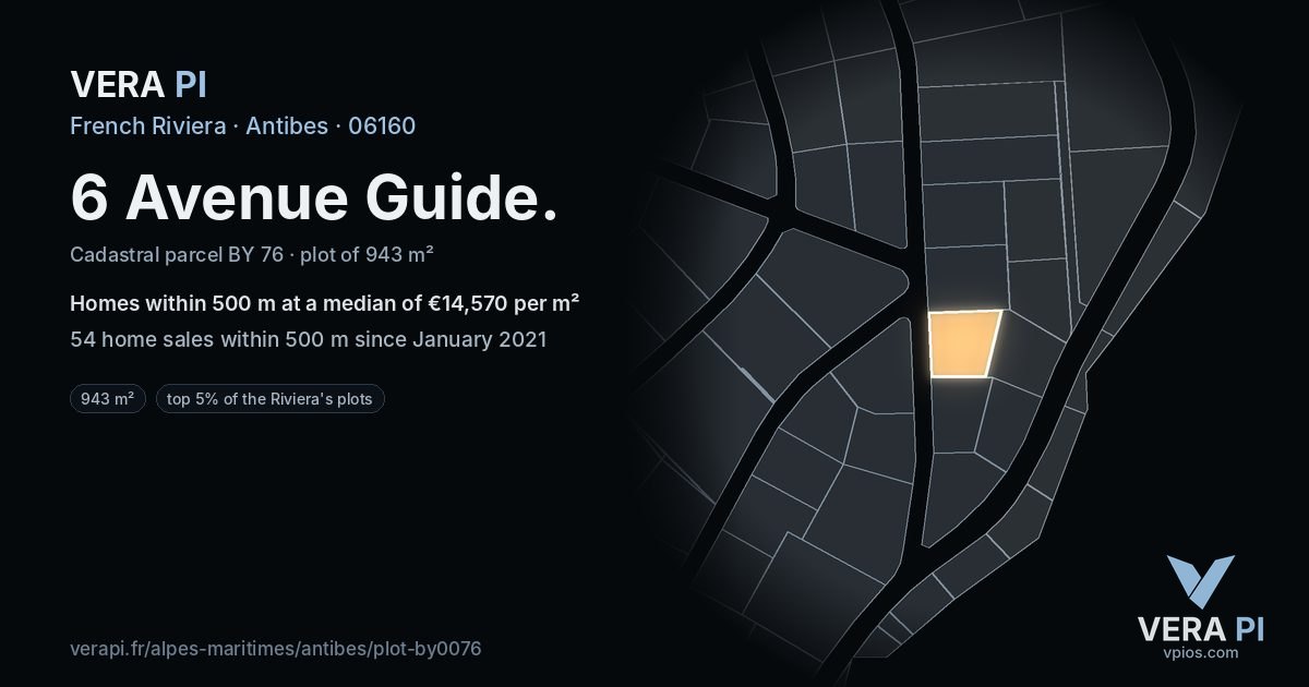6 Avenue Guide, Antibes at night – the plot lit, the parcels around coloured by the prices near them